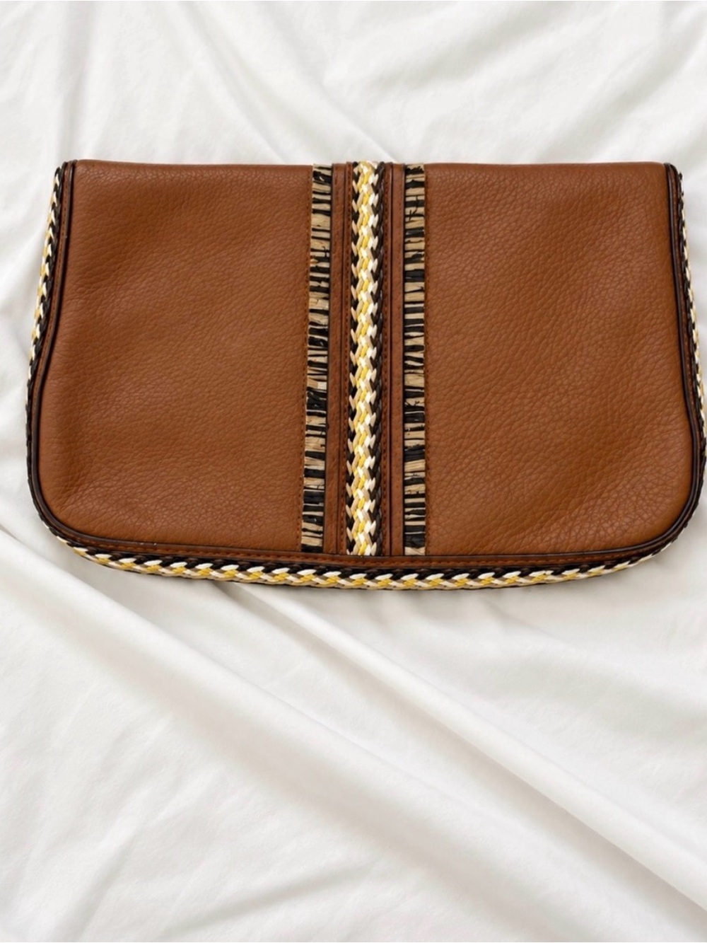 Source Unknown Brown Leather Clutch with Braided Trim